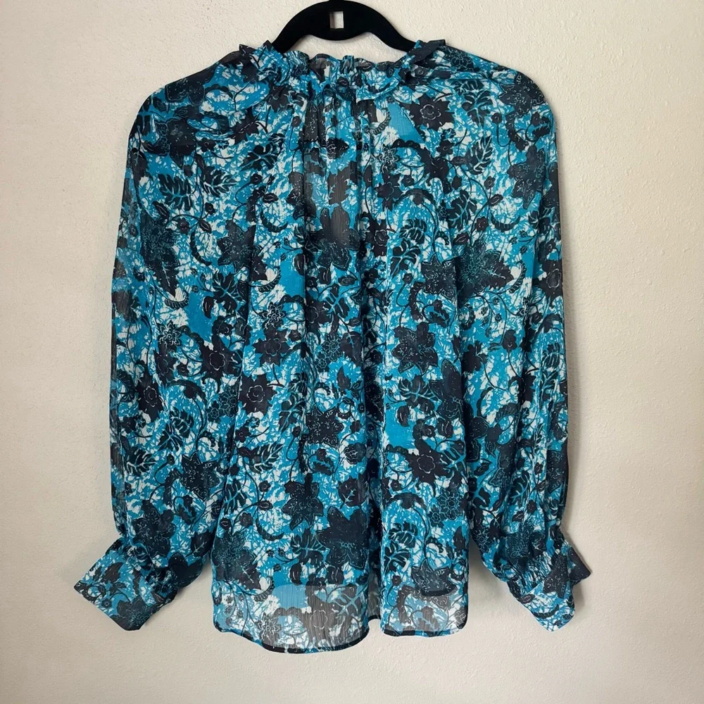 Anthropologie Sheer Printed Peasant Blouse Blue Motif XS - Picture 8 of 9